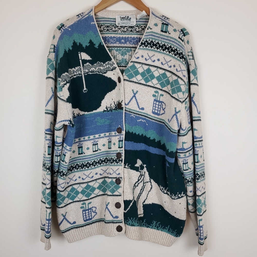 Vintage Northern Reflections Button Front Golf Themed Cardigan
